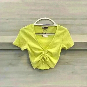 ZARA LIME GREEN Scrunch‎ Tie Womens Size M Ribbed Lime Green CROP TOP